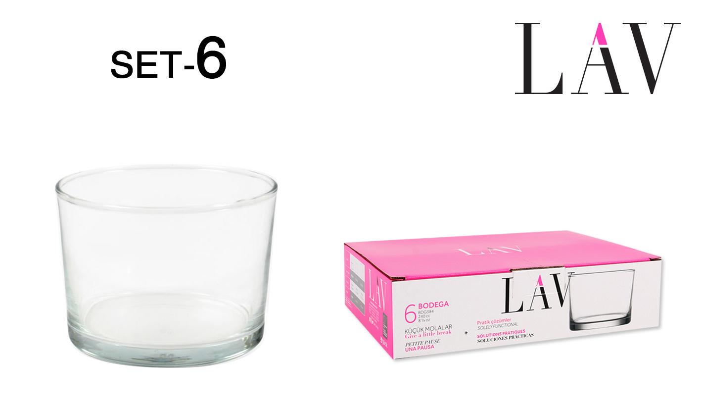 Lav Set 6 Vasos Bajos de Cristal Bodega 240 cc - 8x8x6 cm - Ideales para Agua, Zumo o Licores (8 Cajas)