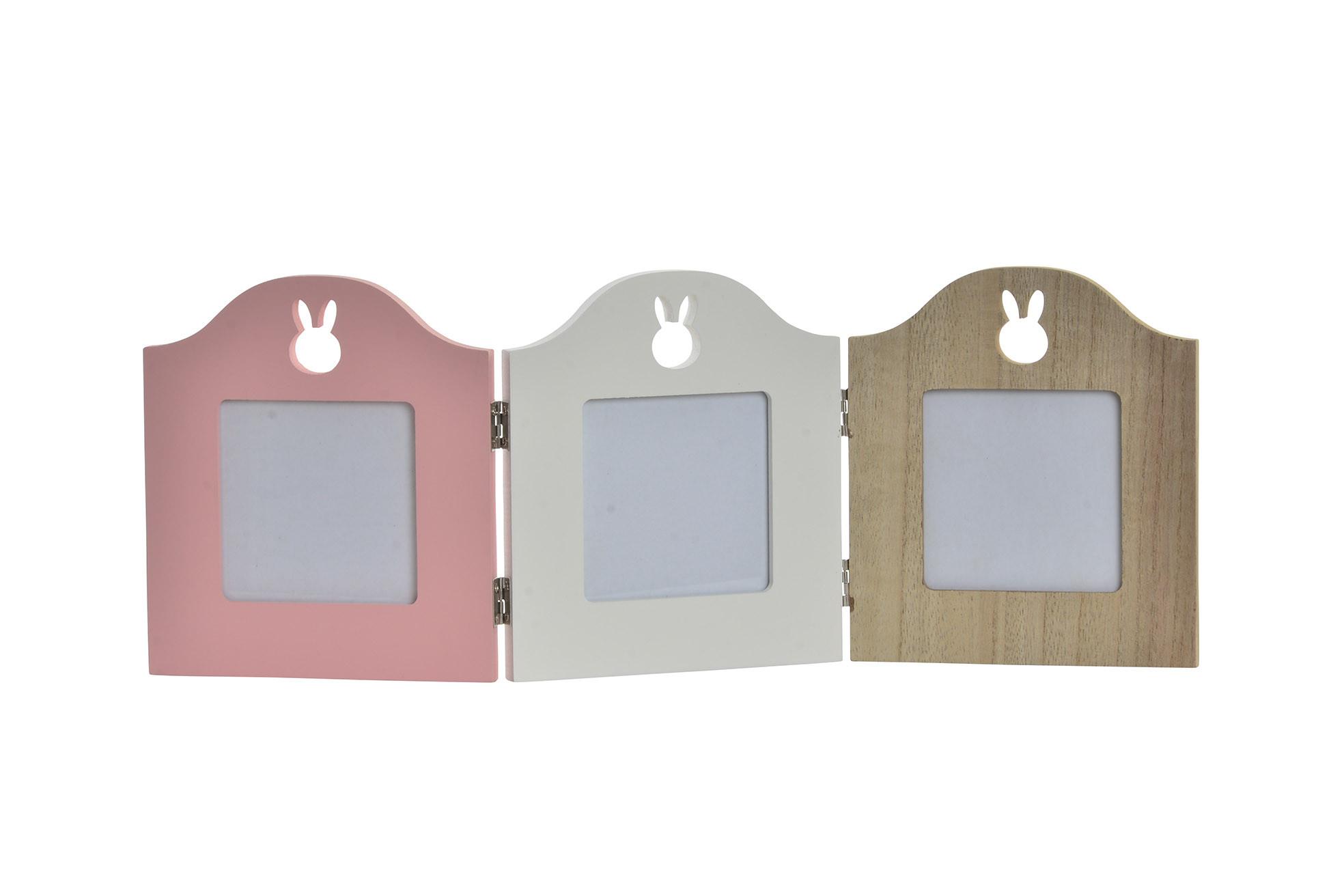 DKD Home Decor Marco Multifoto Kids Conejo de Madera y Plástico, 40x15 cm para Fotos 7.6x7.6 cm - Set de 4 Unidades