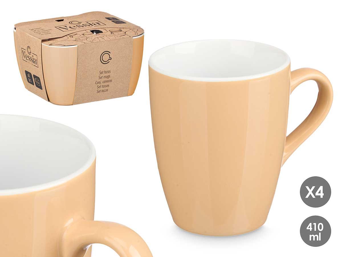 Vessia Set de 4 Tazas de Porcelana Beige, 410 ml de Capacidad, para Café o Té, cada taza mide 12.5 x 8.8 x 10.8 cm (6 Unidades)