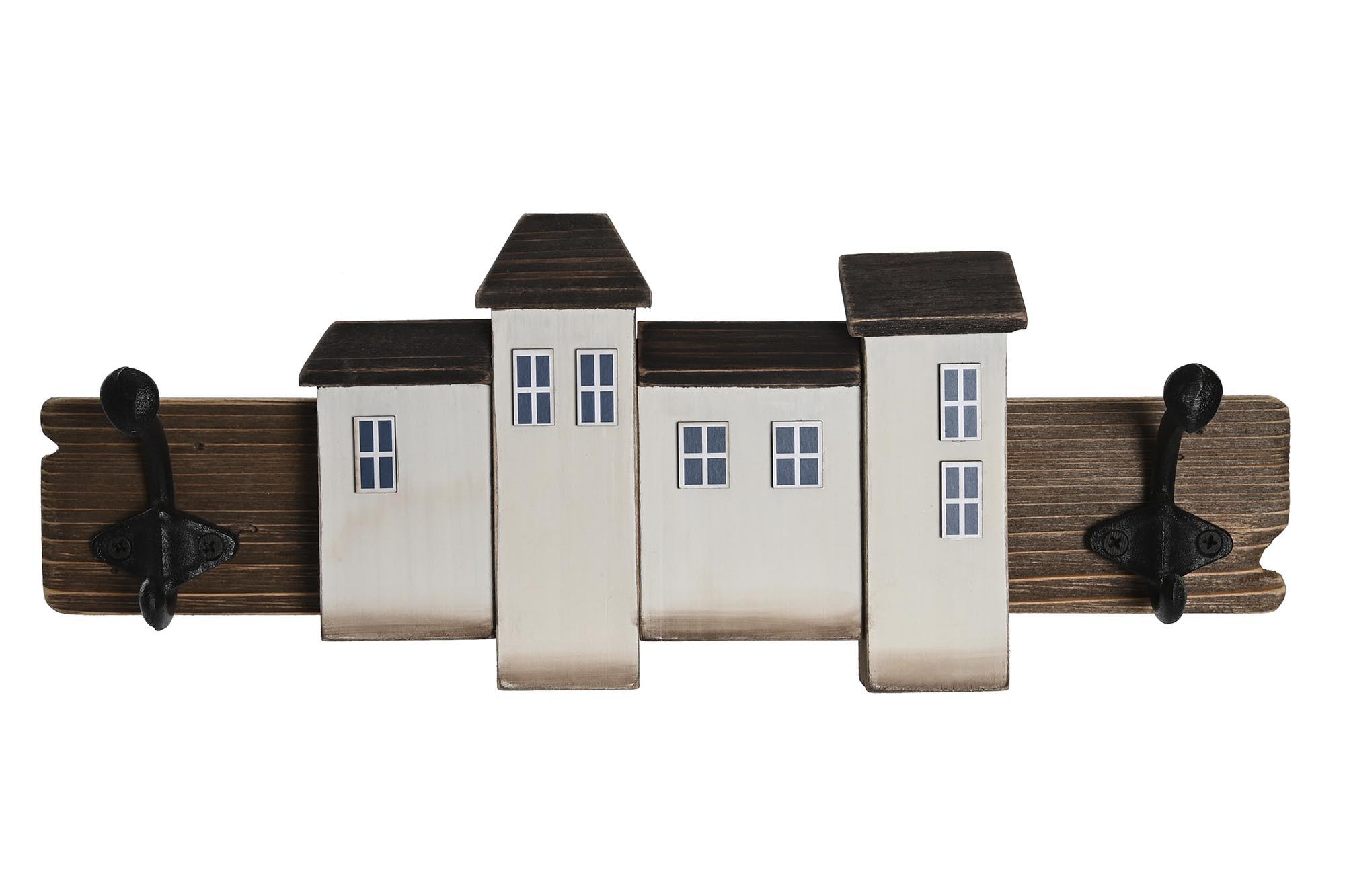 DKD Home Decor Perchero de Pared Atlantico con Diseño Casas, Madera Paulownia y Metal, Blanco Marrón 40 cm