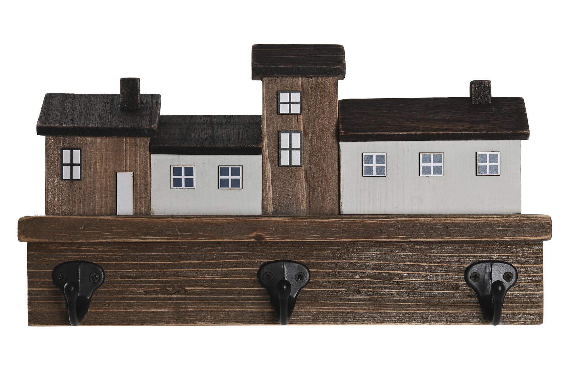 DKD Home Decor Perchero de Pared Atlantico con Diseño de Casas, Madera Paulownia y Metal, Colores Marrón y Blanco, Medidas 30 x 5 x 17 cm