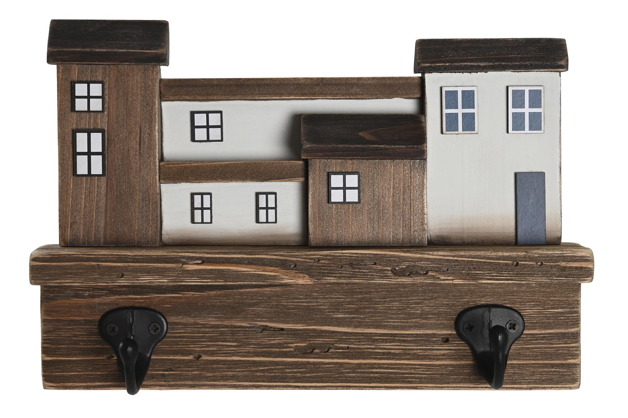 DKD Home Decor Perchero de Pared Atlantico Marrón Blanco de Paulownia y Metal 5x16x24 cm Diseño Casas