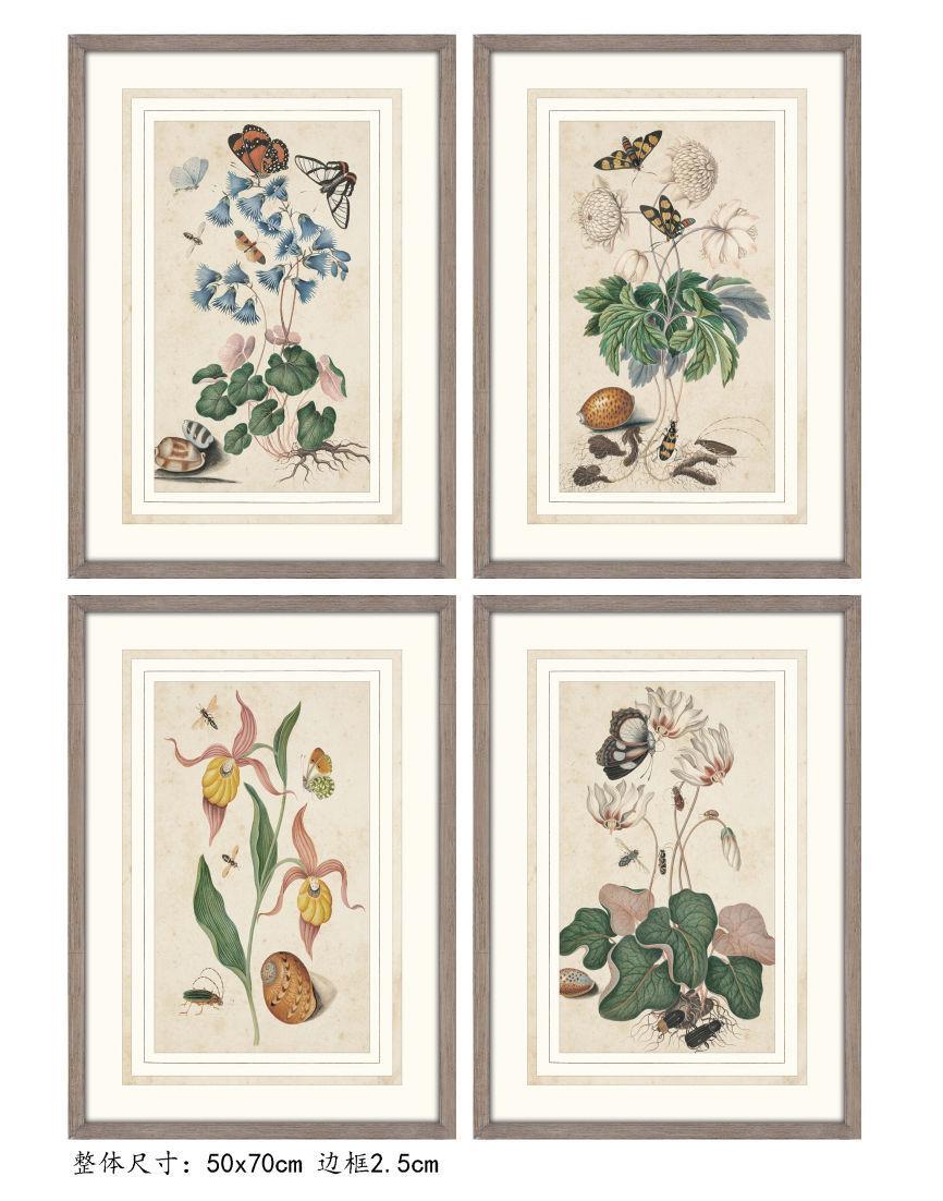 DKD Home Decor Cuadro Decorativo de Pared Cottage con Diseño Floral, Cristal y Abeto, Gris Verde, 70 x 50 cm (Set de 4)