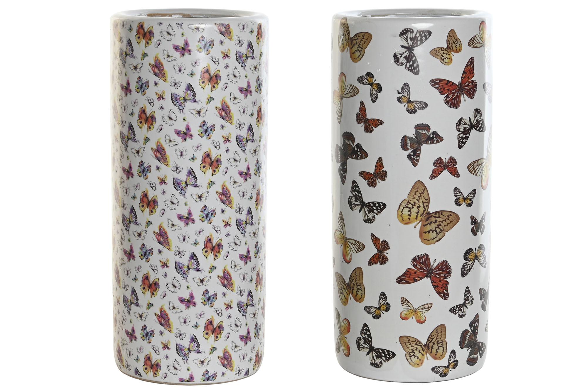 DKD Home Decor Paraguero Shabby Porcelana Multicolor con Mariposas 20 x 44 x 20 cm (2 Unidades)