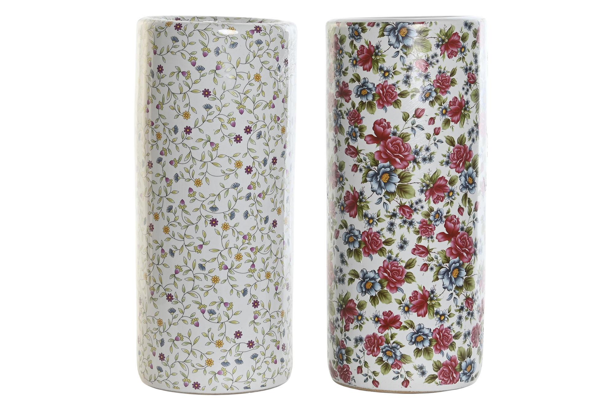 DKD Home Decor Paraguero de Diseño Shabby Chic Floral de Porcelana Blanco Multicolor para Entrada/Recibidor 19x19x45 cm (Pack 2 Unidades)