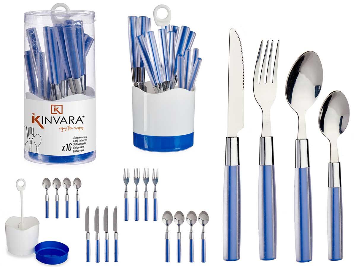 Kinvara Set de 16 Cubiertos de Acero Inoxidable con Mango PS Azul Oscuro, 11x25x11 cm (8 Unidades)