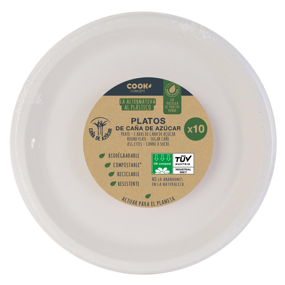 Cook Concept Juego de 10 Platos Caña Azúcar 25 cm - Biodegradable, Compostable, Apto Microondas