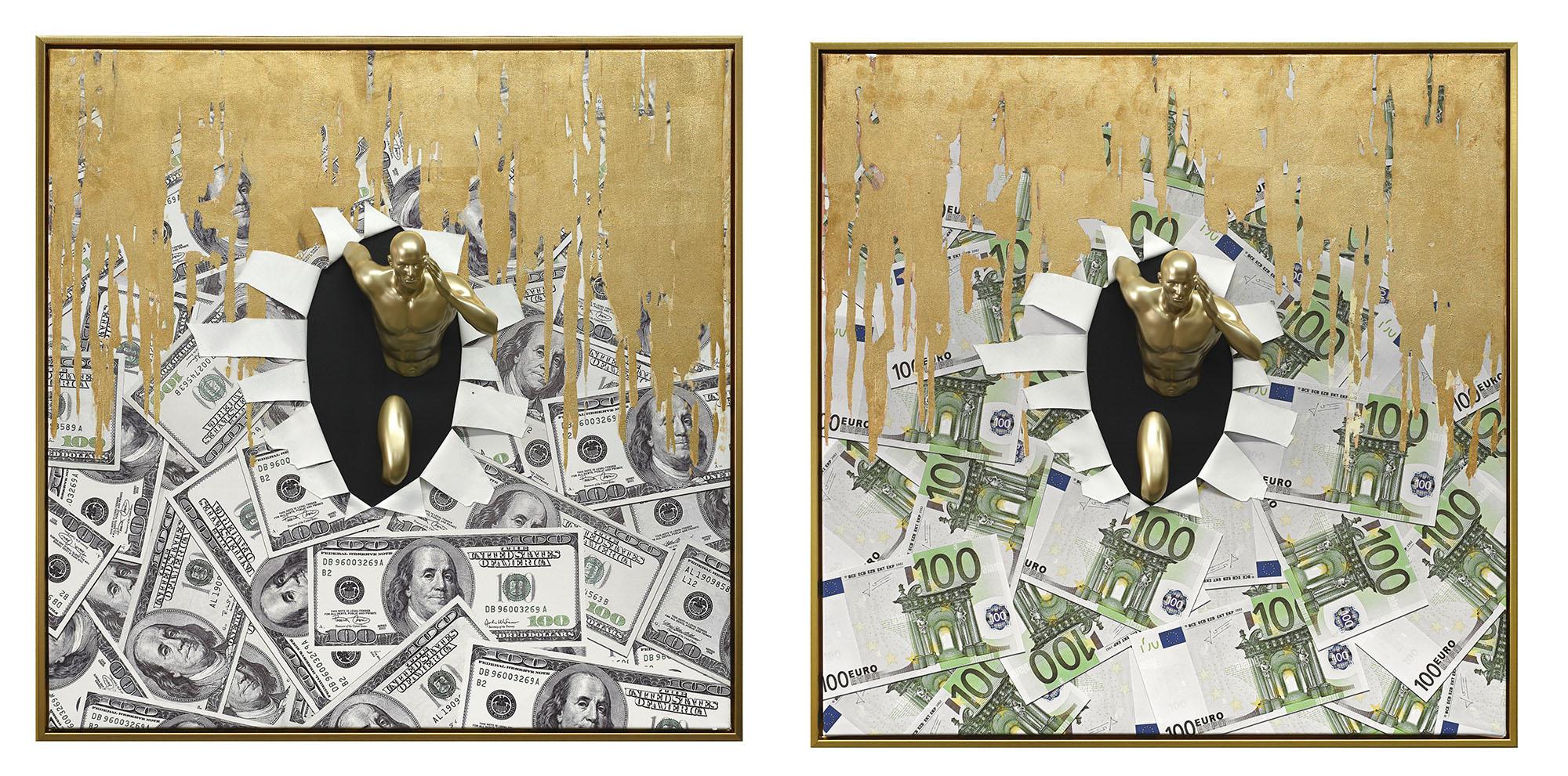 DKD Home Decor Set de 2 Cuadros Decorativos Modernos Hombre Money Dorado Negro en Lienzo, Resina, Ps 3.5 x 80 x 80 cm