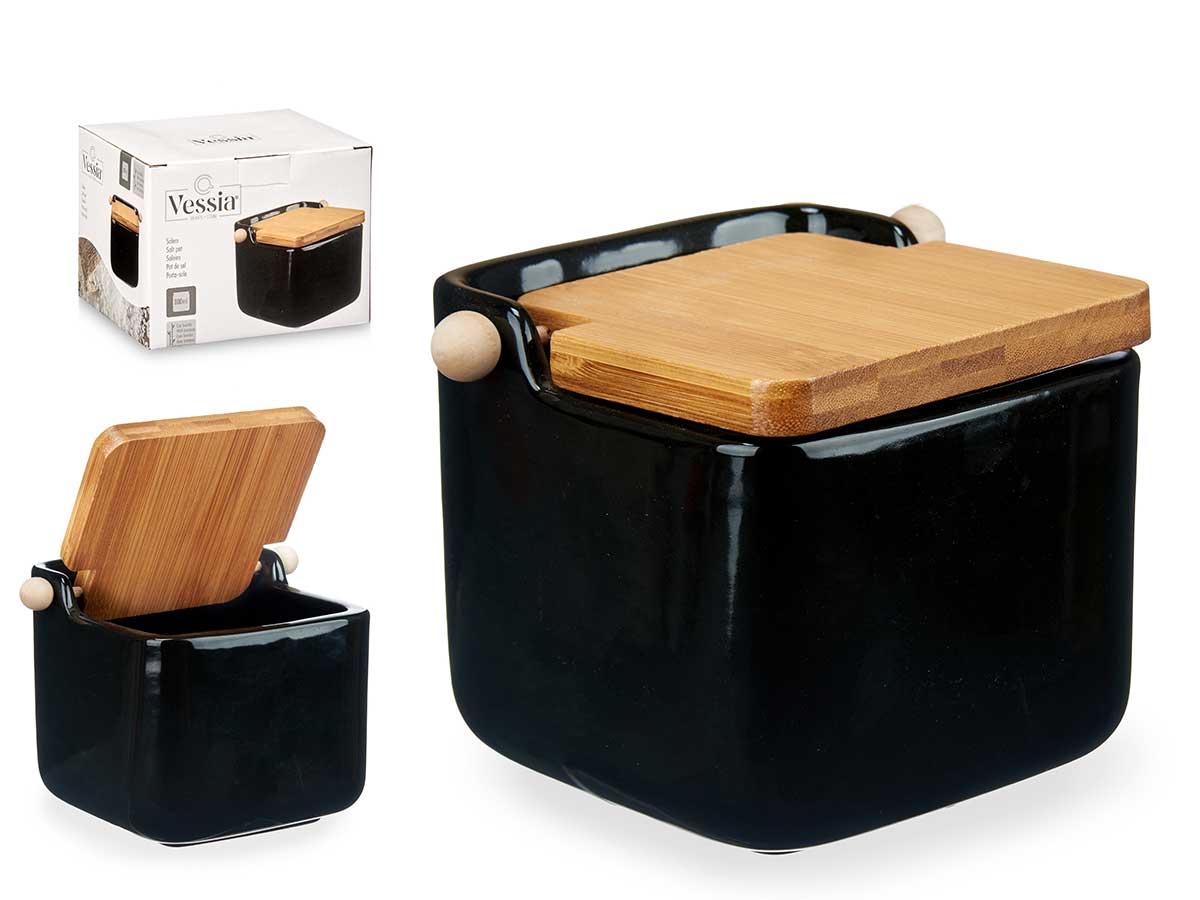 Vessia Salero de Cerámica Negro con Tapa de Bambú 14x10.5x11.5 cm (6 Unidades)