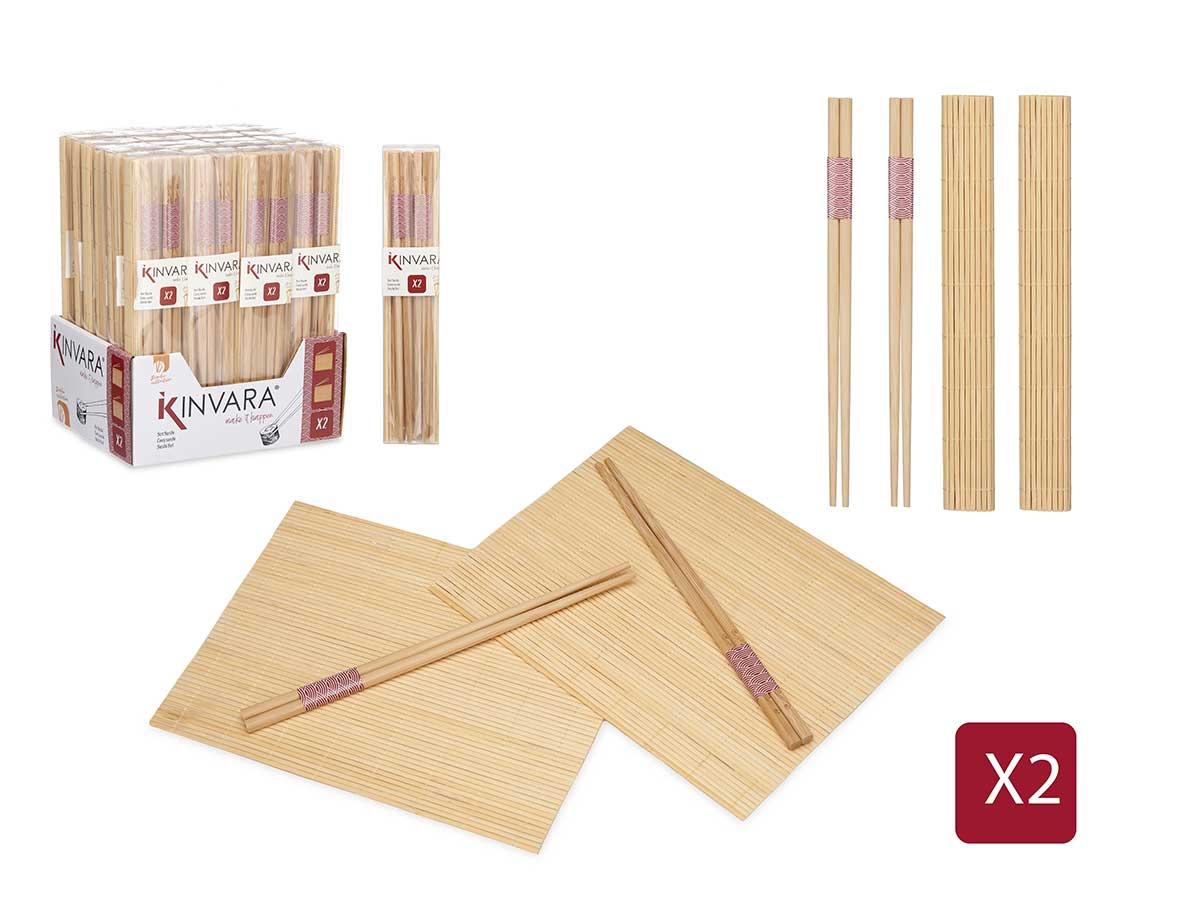 Kinvara Set Completo para Preparar Sushi: 4 Palillos y 2 Esterillas de Bambú de 24x18 cm, Color Madera (48 Unidades)