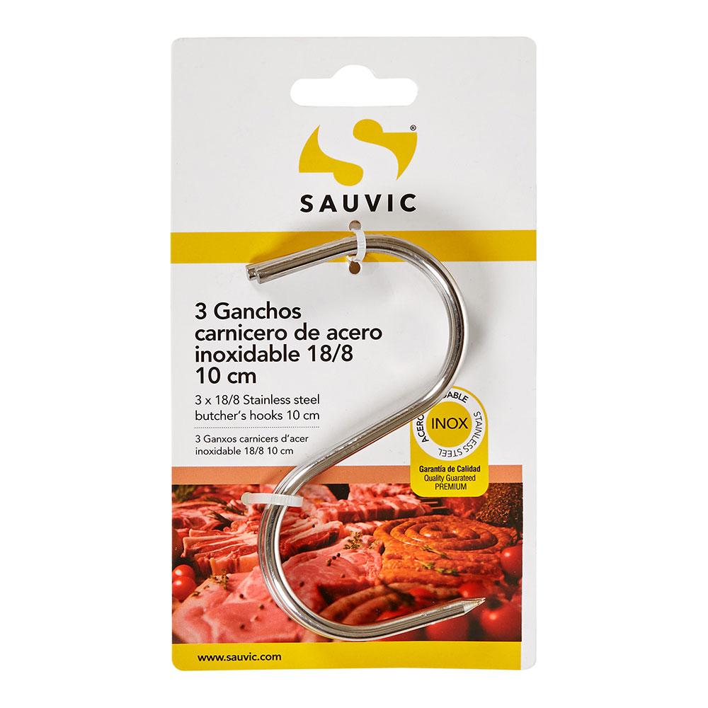 Sauvic Gancho carnicero de acero inoxidable 18/8, 10 cm longitud, 4 mm grosor, blíster 3 unidades