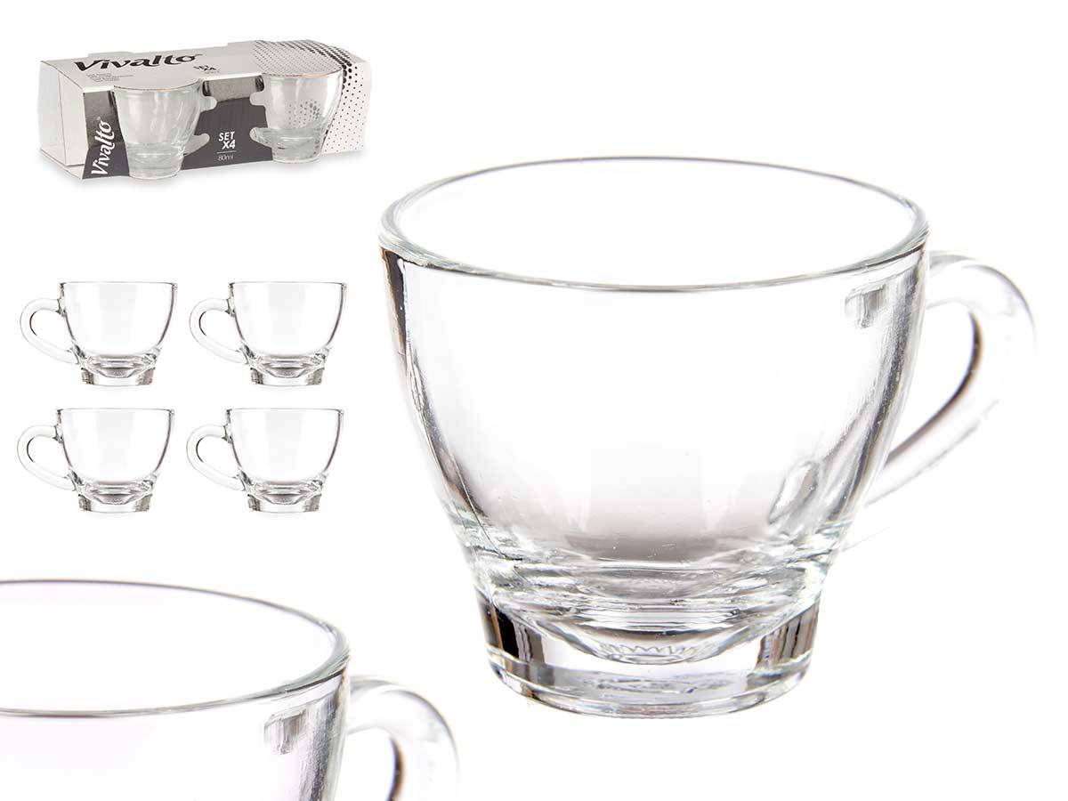 Vivalto Set de 4 Tazas de Vidrio para Café con Asa, 80 ml, 19x6x13 cm (24 Unidades)