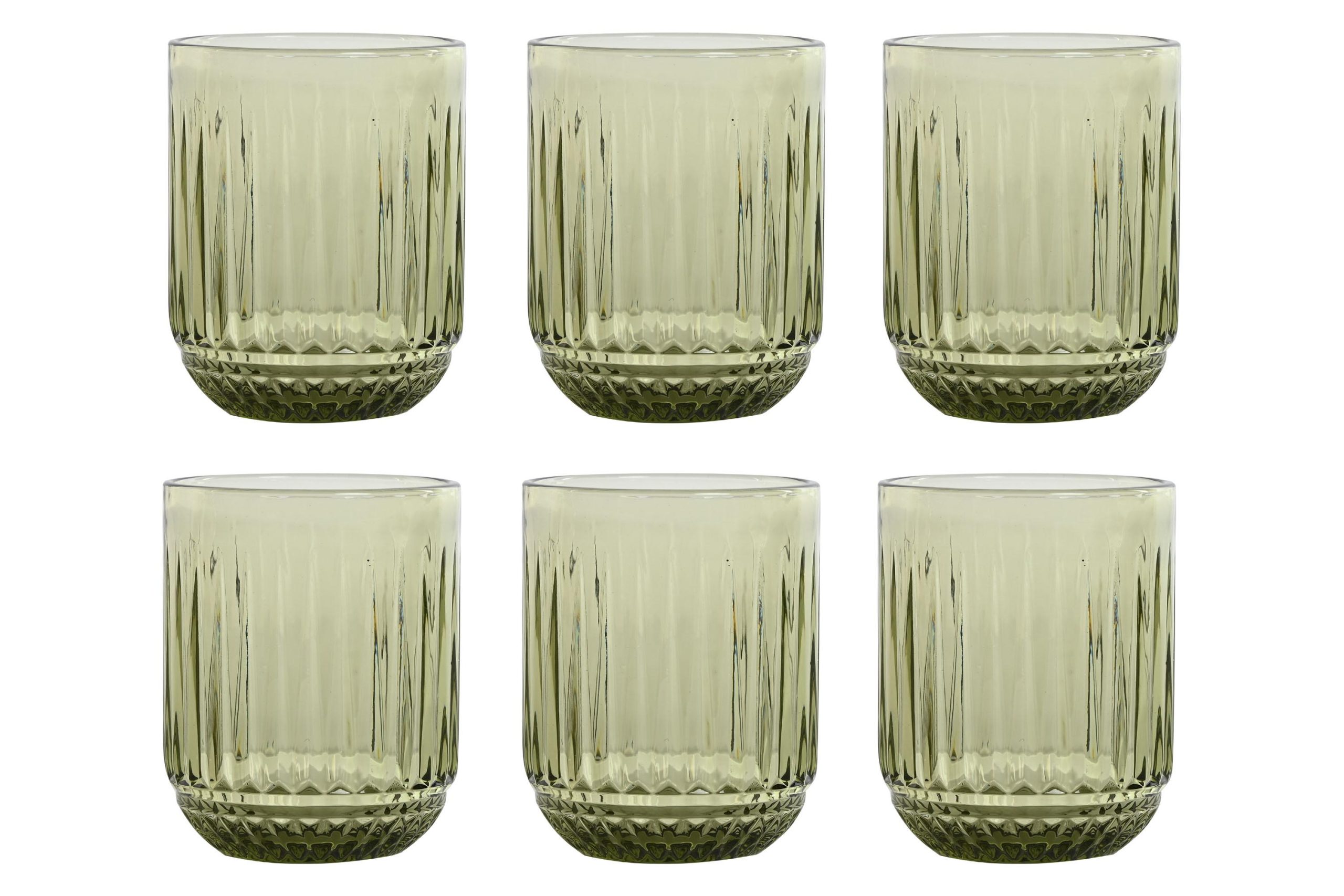 DKD Home Decor Vaso de Cristal Verde 275ml Set de 6 Rayado 7.5 x 9.5 x 7.5 cm Apto para Microondas y Lavavajillas