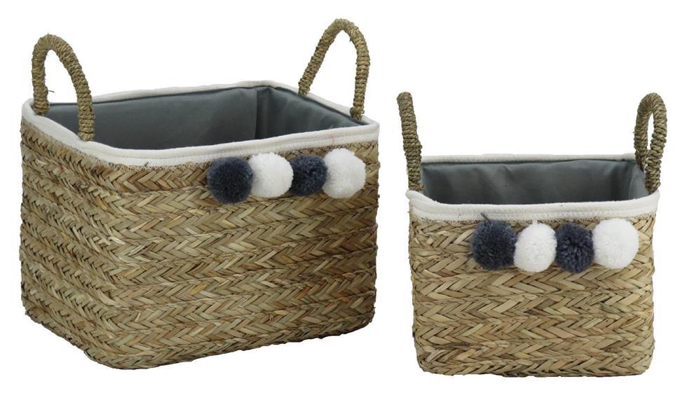 DKD Home Decor Set de 2 Cestas Boho de Fibra y Algodón con Pompón, Colores Natural y Gris Oscuro (33x25x33 cm)