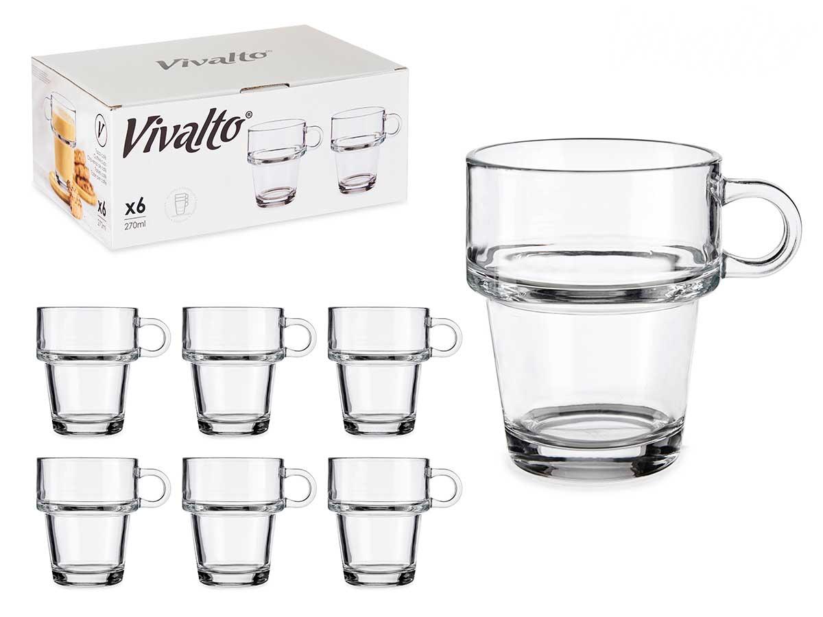 Vivalto Taza de Vidrio Apilable con Asa 270 ml Transparente 10.5x9x8 cm (24 Unidades)