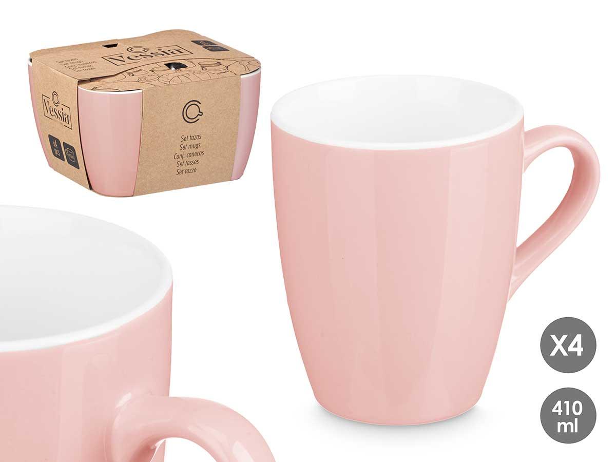Vessia Set de 4 Tazas de Porcelana Rosa de 410 ml, Cada Taza: 12.5 x 8.8 x 10.8 cm, Set: 20 x 11.7 x 18.5 cm (6 Unidades)