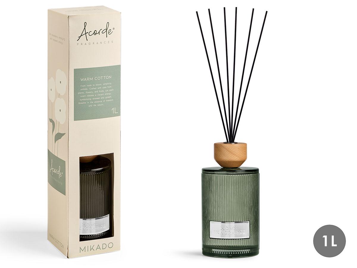 Acorde Mikado Redondo Warm Cotton 1000ml – Difusor de Aceite Aromático con 6 Varillas, 10.4x42x10.4 cm (4 Unidades)