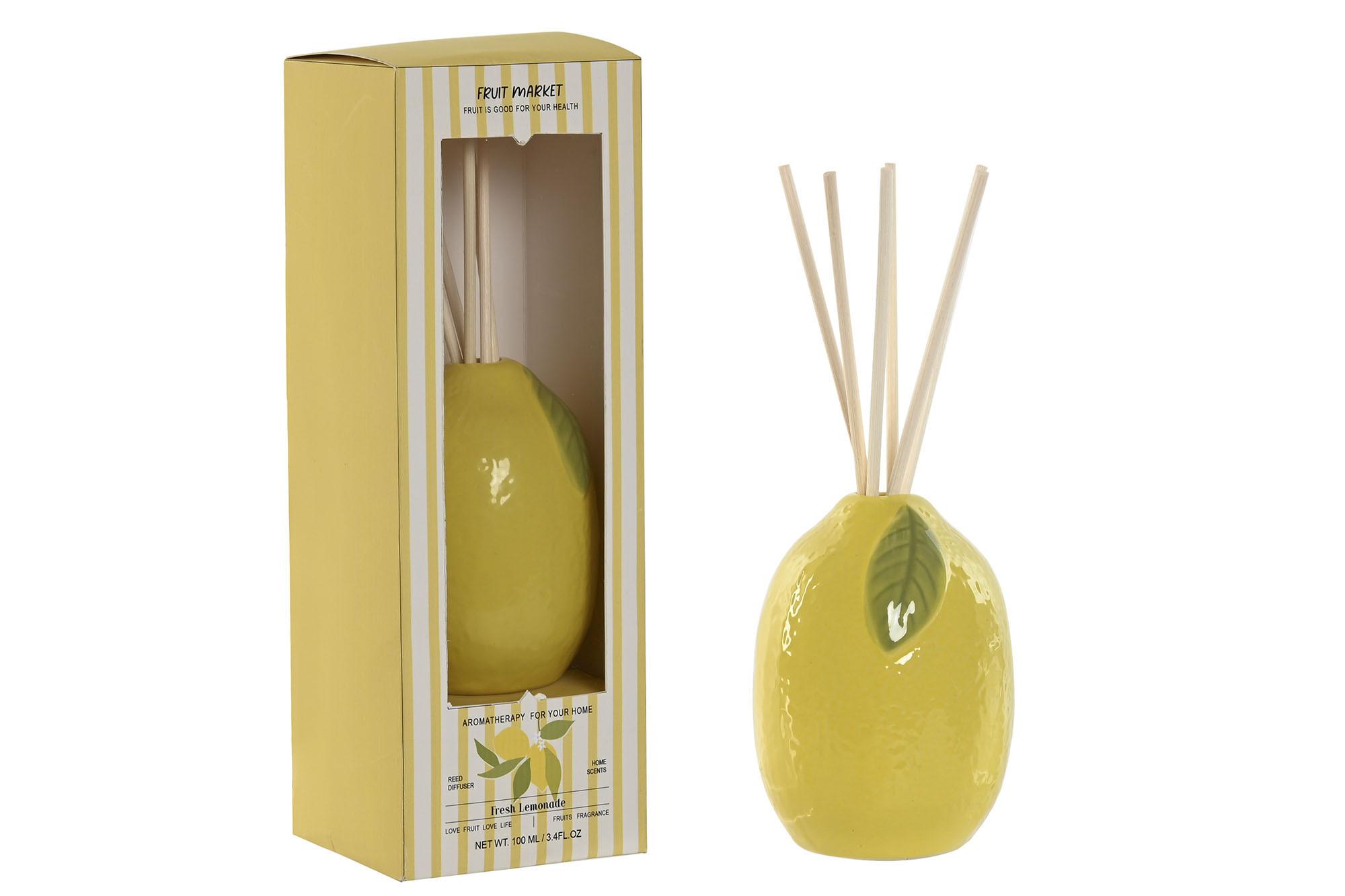 DKD Home Decor Ambientador Mikado Mediterráneo, Fragancia Limón, 100 ml, Color Amarillo, de Gres y Ratán (2 Unidades)