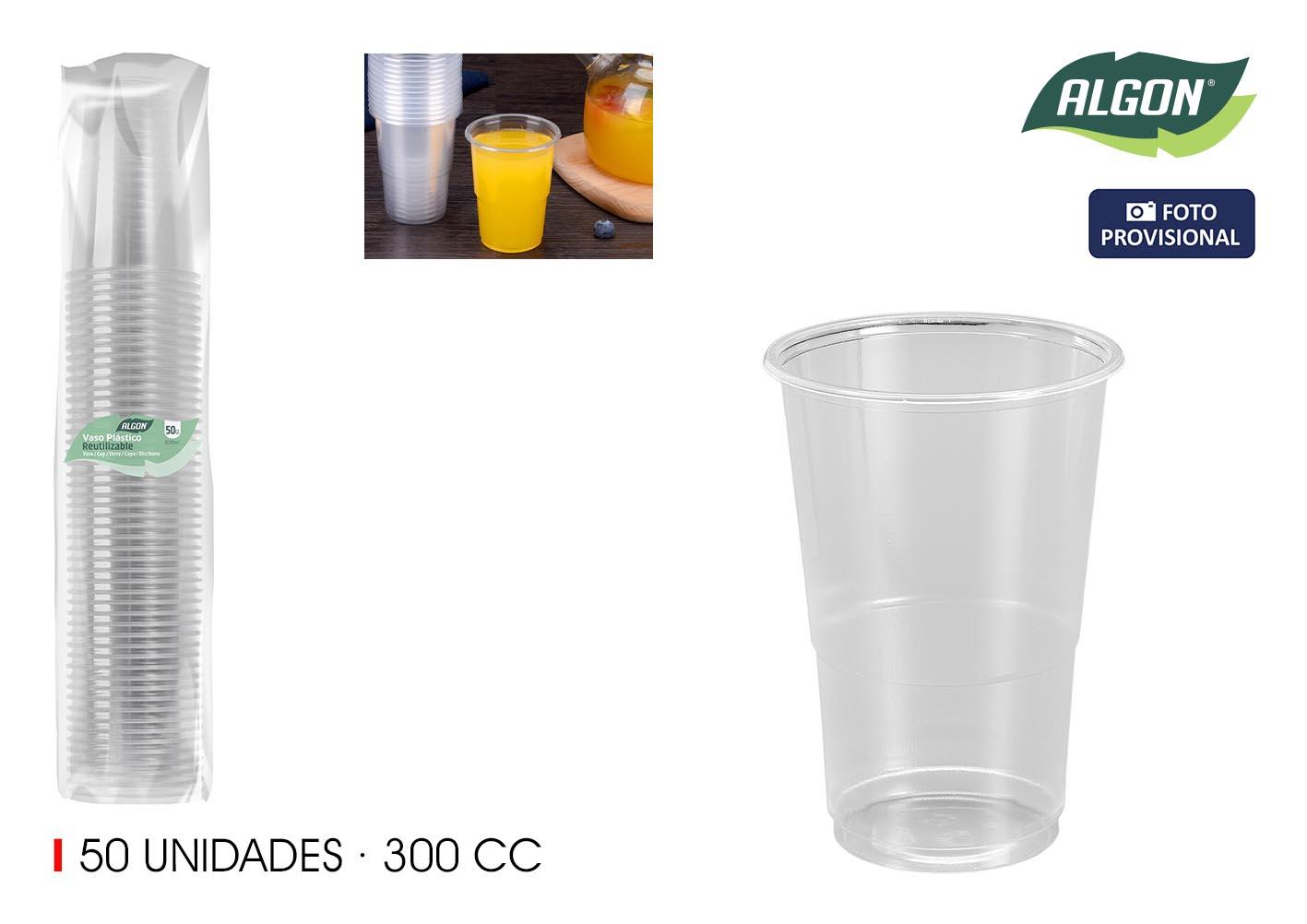Algon Set de 50 Vasos Transparentes 300 cc, 7,5 cm Ancho, 10,5 cm Alto (18 Unidades)