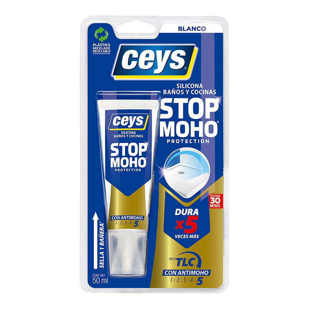Ceys 505583 Silicona Stop Moho Blanco 50 ml, Antimoho 5x más duradero, para Baños y Cocinas, secado rápido en 30 minutos
