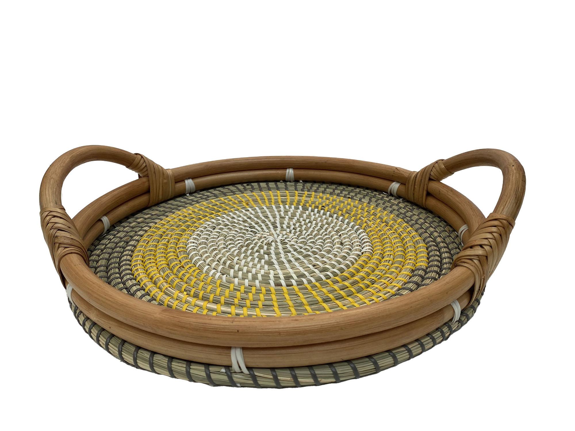 DKD Home Decor Bandeja Decoración Balines Ratán y Seagrass Natural Beige 45x45x10 cm