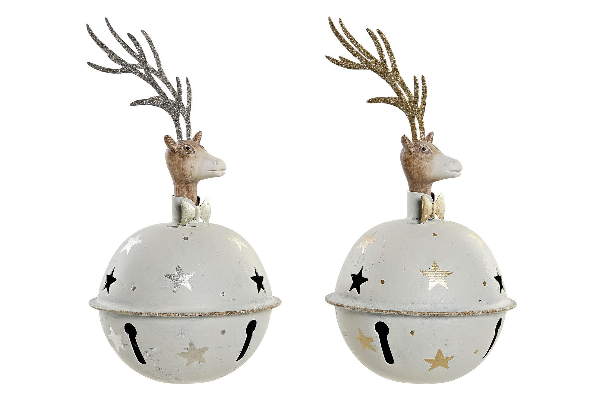 DKD Home Decor Figura de Reno Alpino con Cascabel, de Metal, Varios Colores (Blanco, Dorado, Plateado), 12x12x22 cm, Pack de 4 Unidades