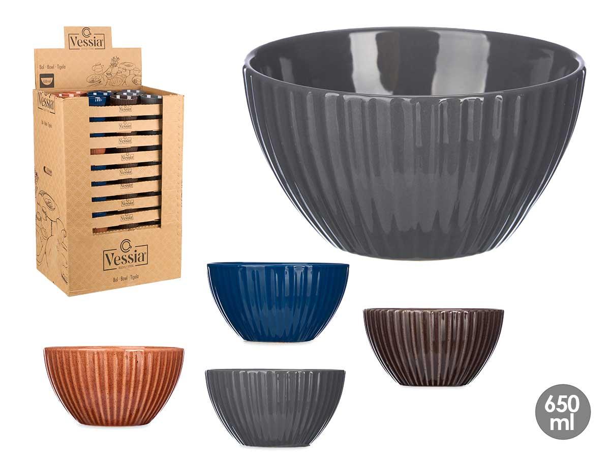 Vessia Bol de Cerámica 13 cm Rayas Colores Oscuros Surtidos 650 ml (108 Unidades)