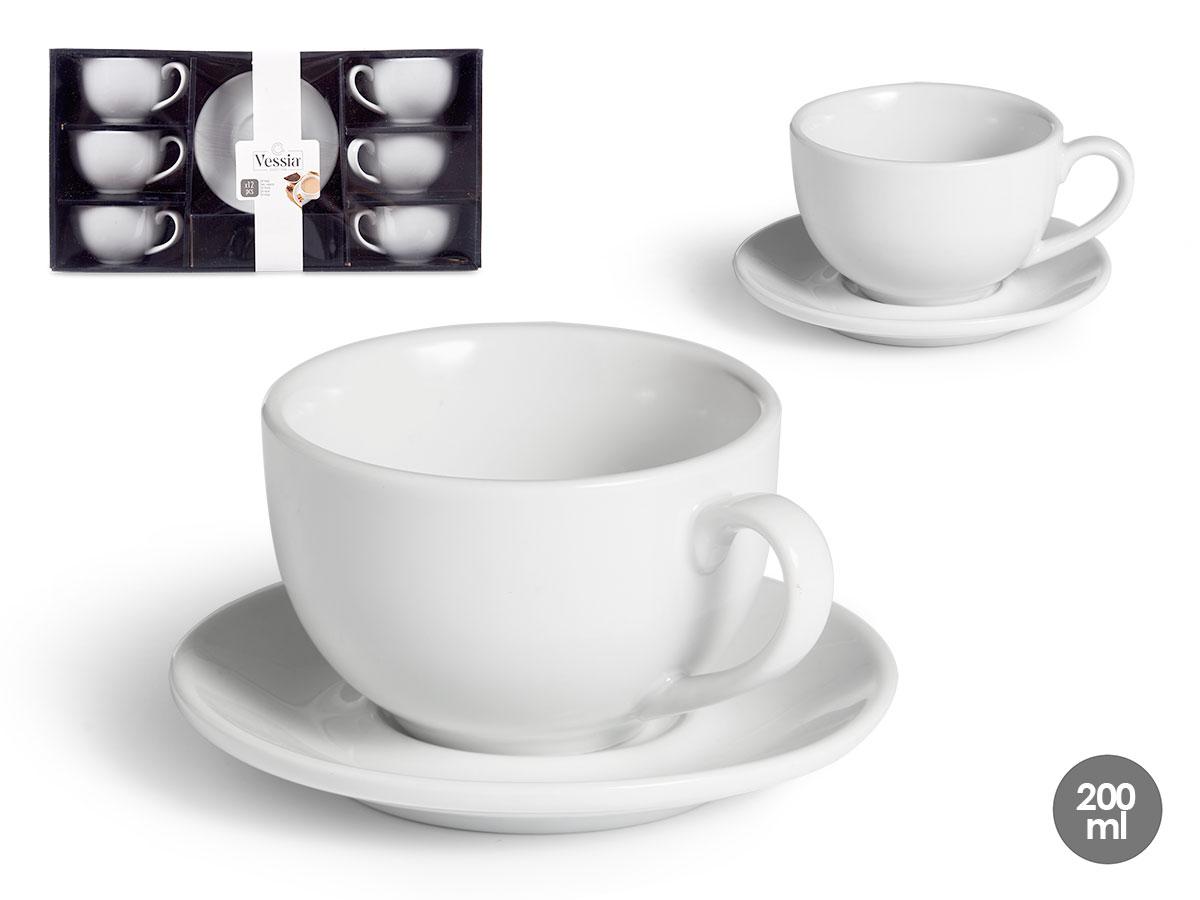 Vessia Set de 6 Tazas de Café con Plato, Porcelana Blanca, 200 ml, Dimensiones 21x11x40 cm (6 Unidades)