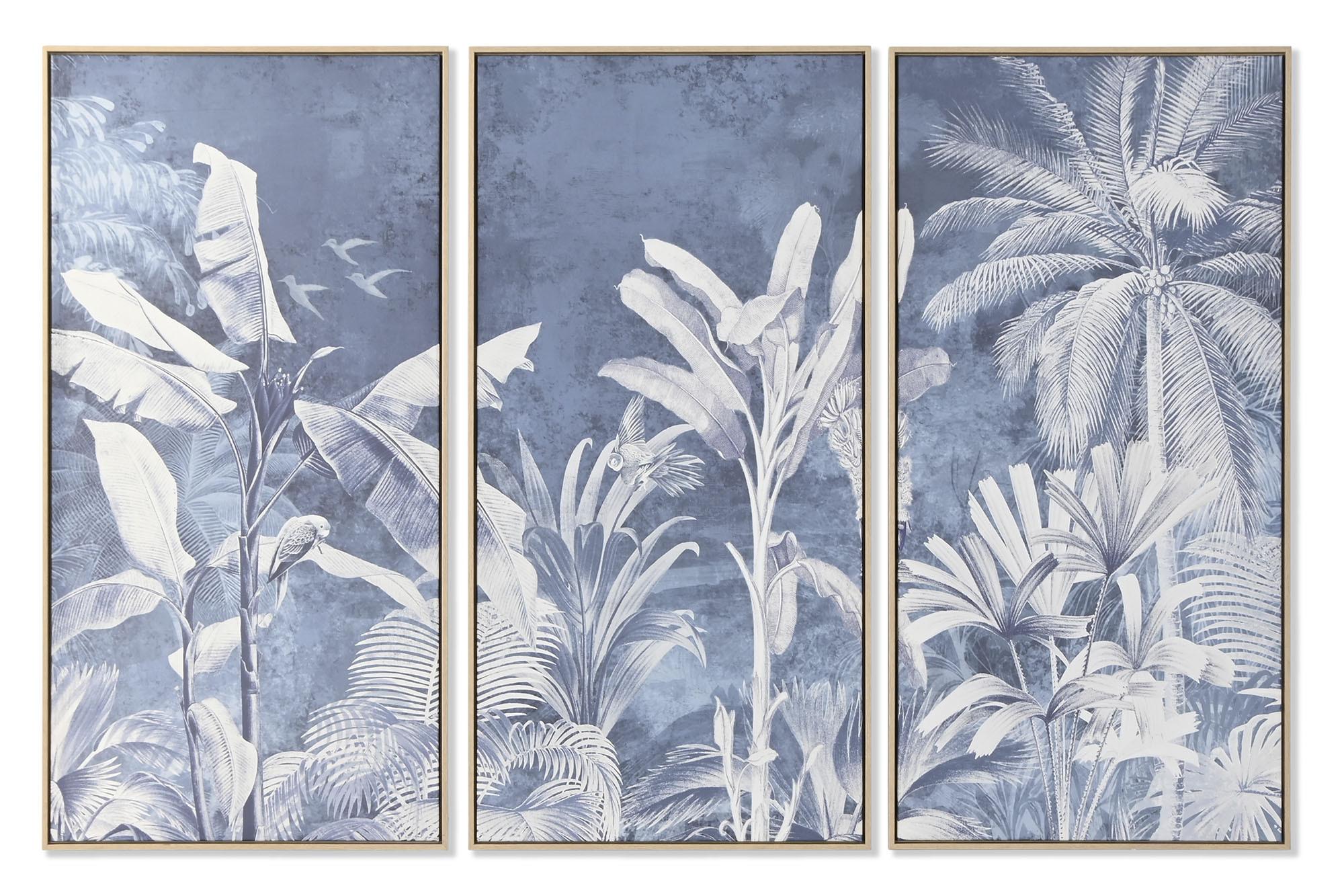 DKD Home Decor Cuadro Tropical Azul Lienzo y PS 180x120 cm Set de 3 con Palmeras