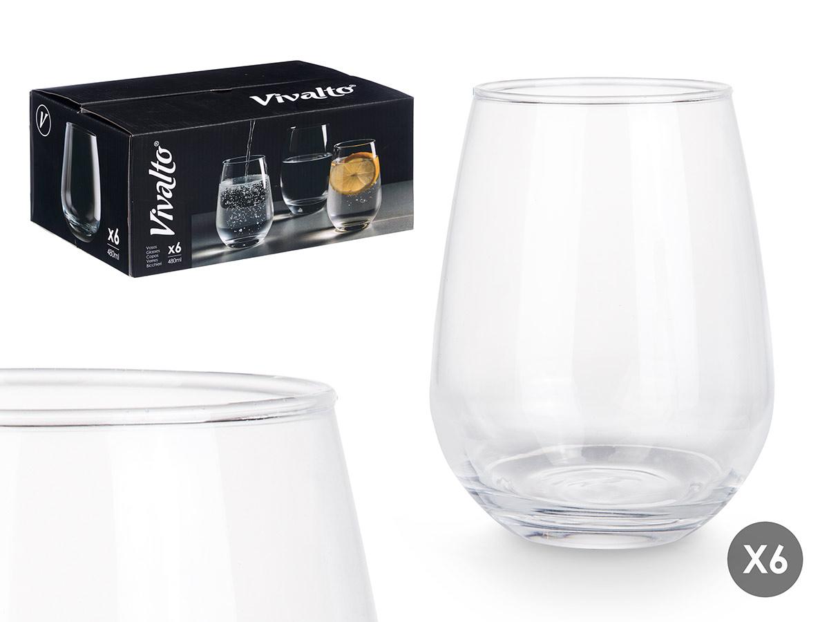 Vivalto Vaso Base Ancha de Vidrio Transparente, 480 ml, 8.5x11.5x8.5 cm, Apto Lavavajillas (24 Unidades)