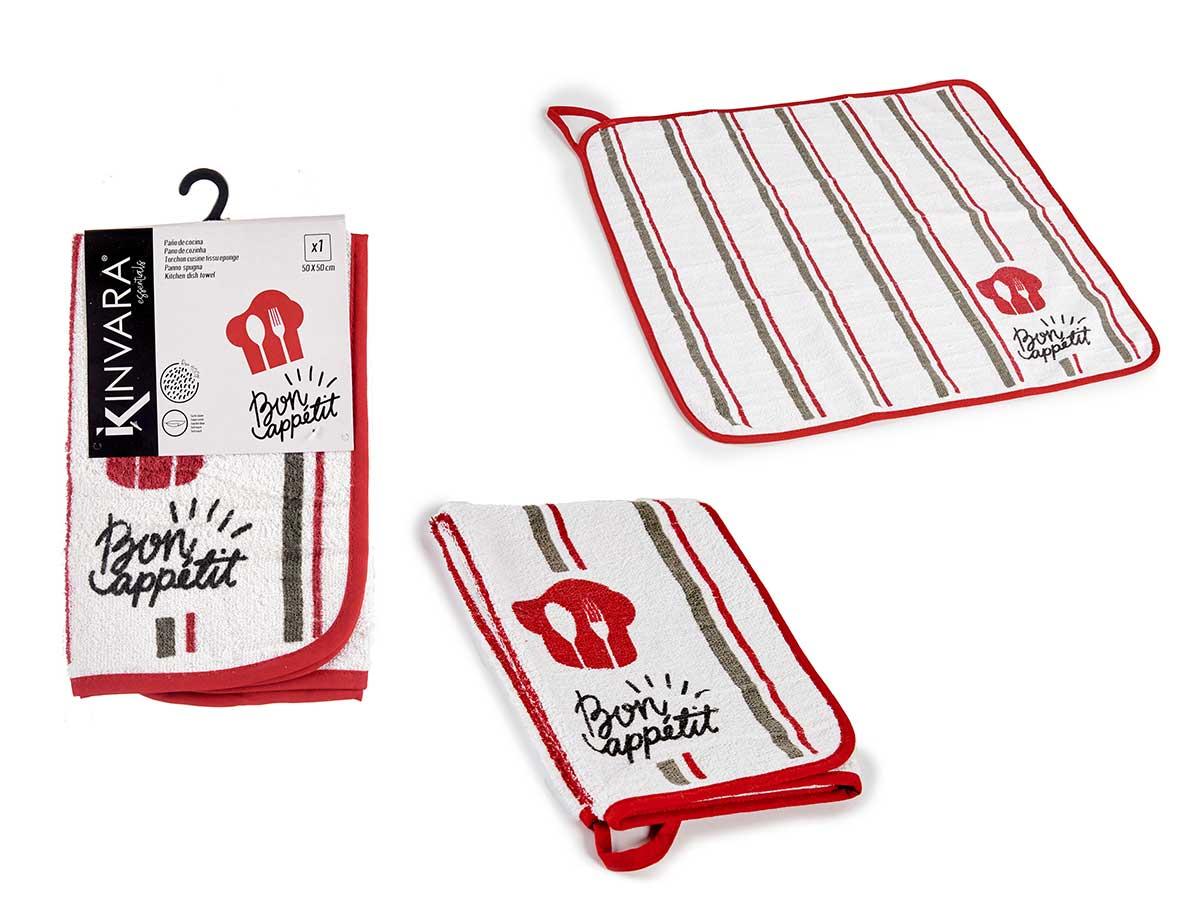 Kinvara Paño de Cocina Rizo Bon Appetit 50x50 cm, Rojo y Blanco, 25% Poliéster 75% Algodón (24 Unidades)