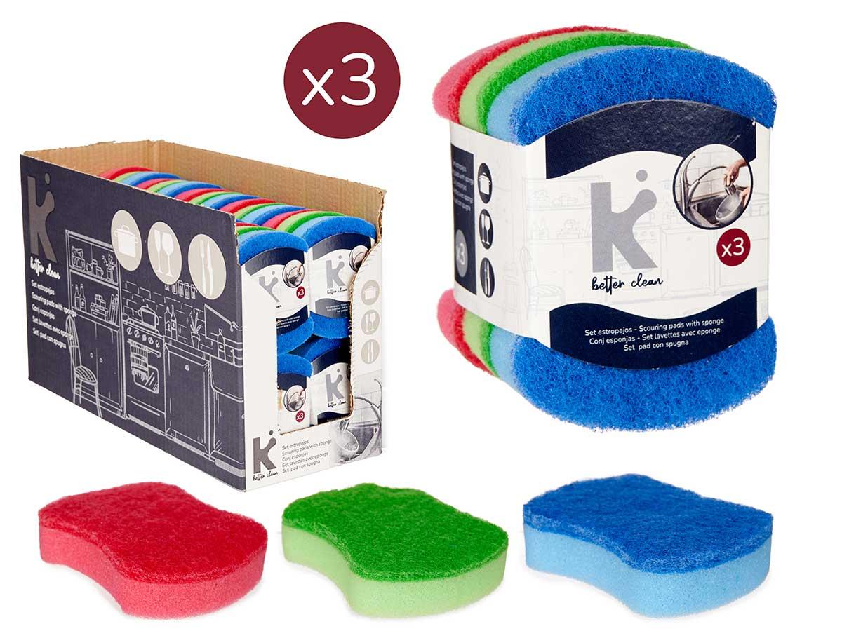 Arte Regal Set de 3 Estropajos Mini con Esponja, Esponjas de Cocina Abrasivas Colores Surtidos Azul Rojo Verde, 10 x 7 x 2.5 cm (20 Unidades)