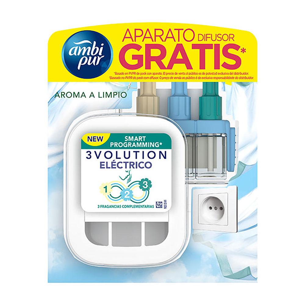 Ambipur Ambientador Eléctrico 3volution Pack Inicial con Aparato y Recambio de 21 ml, Aroma Limpio y 3 Fragancias Distintas