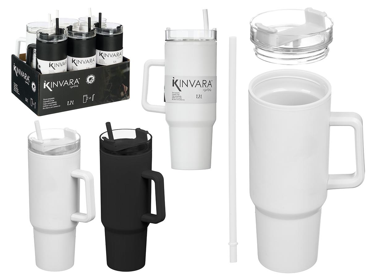 Kinvara Vaso con Asa y Pajita de Plástico, Blanco/Negro, 1.2 L, 16.5x30x10 cm – Surtido (12 Unidades)