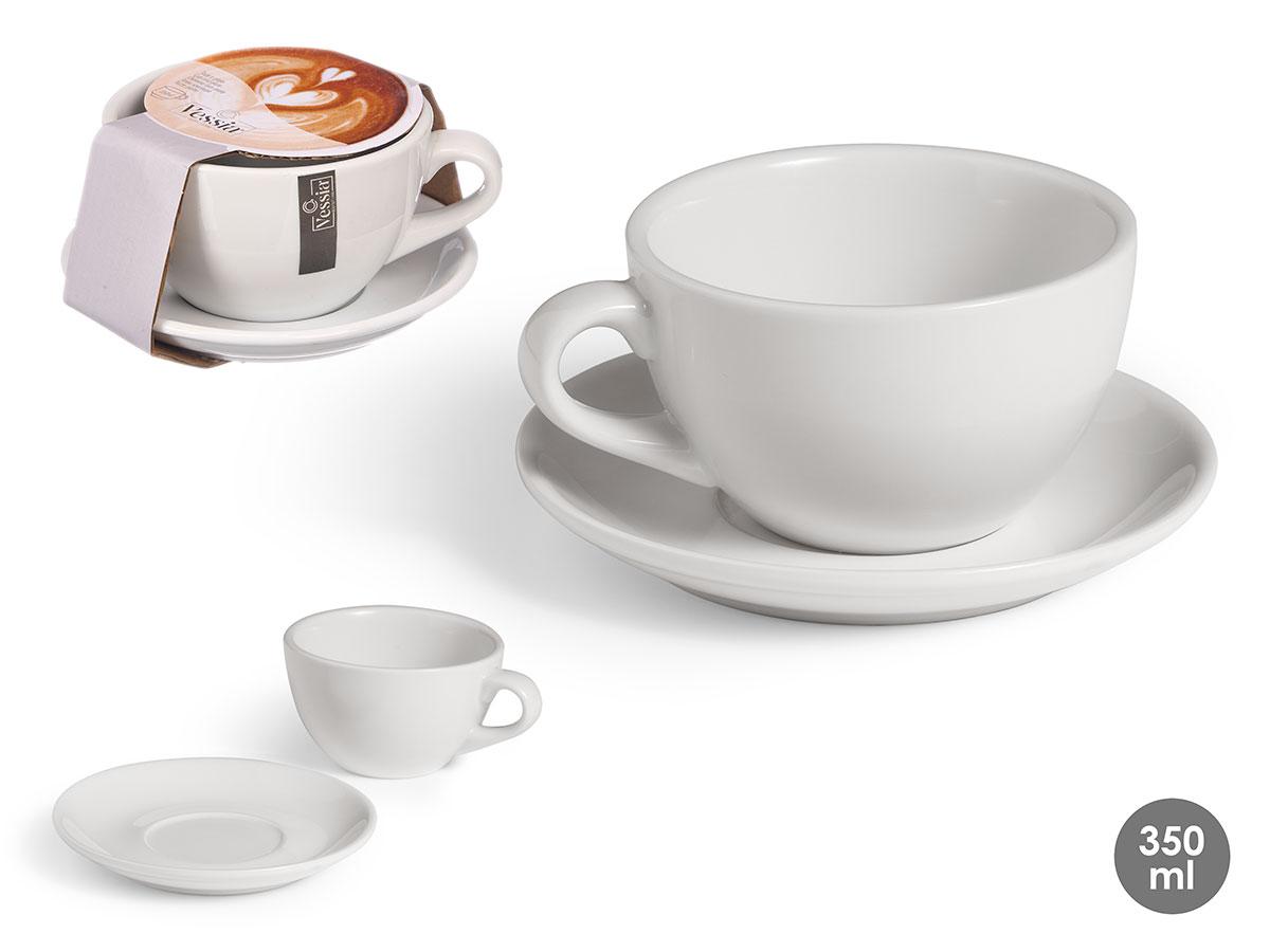 Vessia Taza de Café y Plato de Porcelana Blanca 350 ml - Taza 13.8x11x6.8 cm, Plato 14.5x14.5x2.2 cm (24 Unidades)