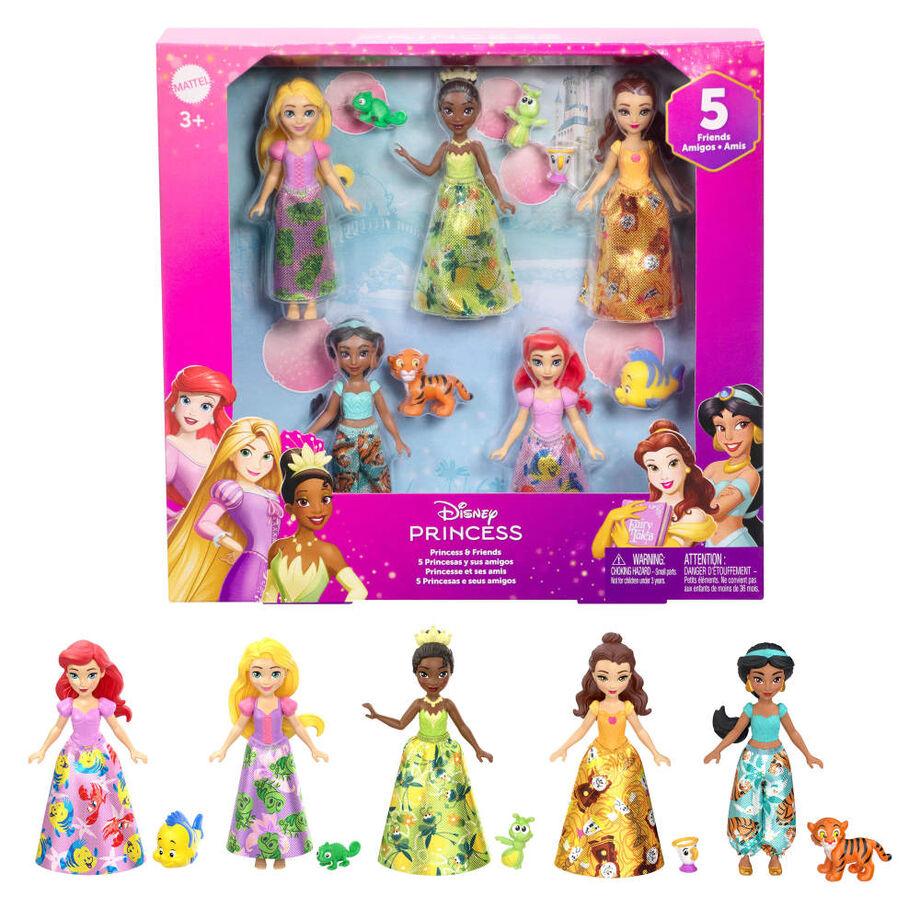 Mattel Jbl33 Pack 5 Mini Muñecas Disney Princesas Articuladas 8.9cm: Ariel, Tiana, Bella, Jasmine, Rapunzel + 5 Amigos