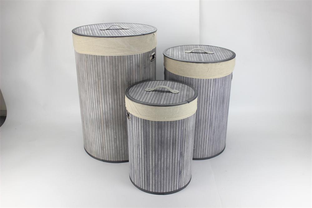 DKD Home Decor Cestas de Ropa Set de 3, Bambú y Poliéster, Gris Beige, 38x38x60 cm, Colección Básicos para Organización del Hogar