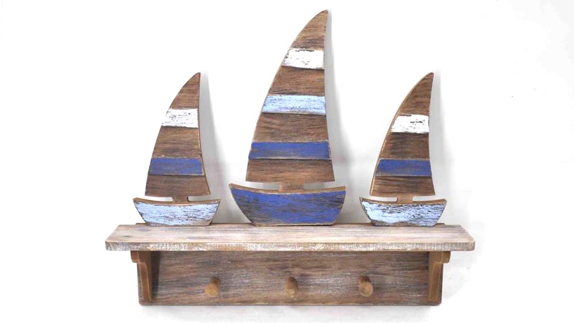 DKD Home Decor Perchero de Pared Atlantico de MDF, Diseño Barcos, Azul Celeste y Marino, 43x8.5x32 cm, Pack de 2