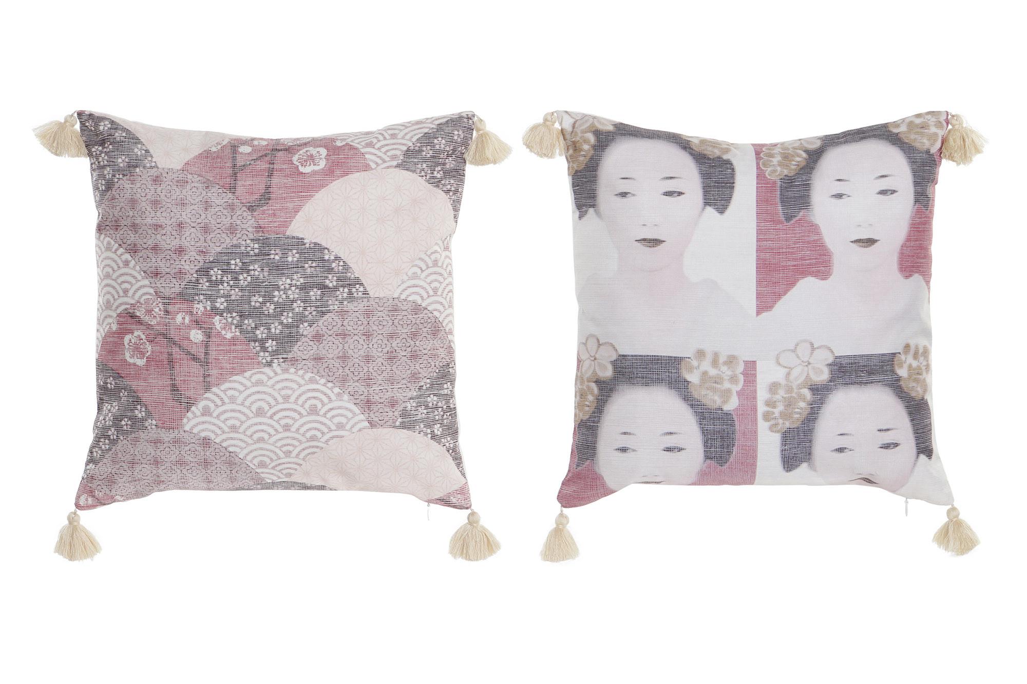 DKD Home Decor Cojín Oriental de Poliéster Multicolor con Flecos y Zipper 40 x 40 cm (4 Unidades)