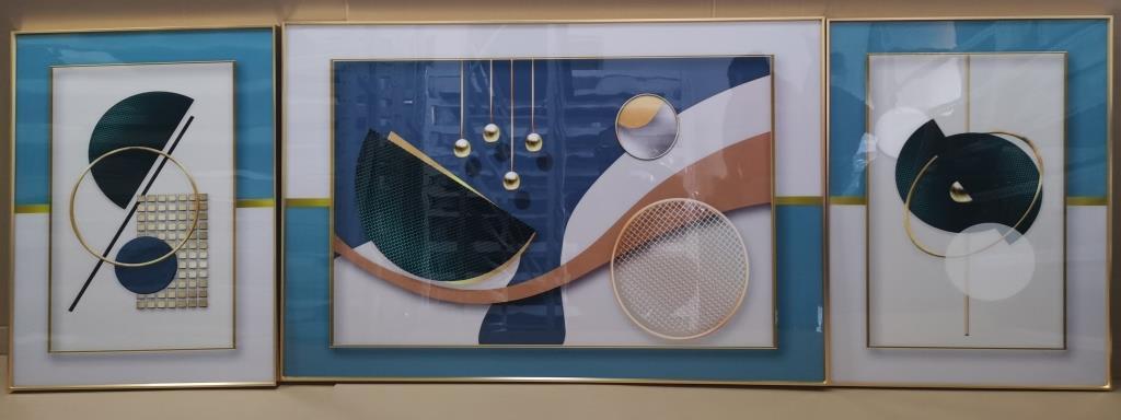 DKD Home Decor Set de 3 Cuadros Decorativos Glam Moderno Turquesa Dorado Blanco Azul de Gran Formato para Pared de Aluminio y MDF 80x240 cm
