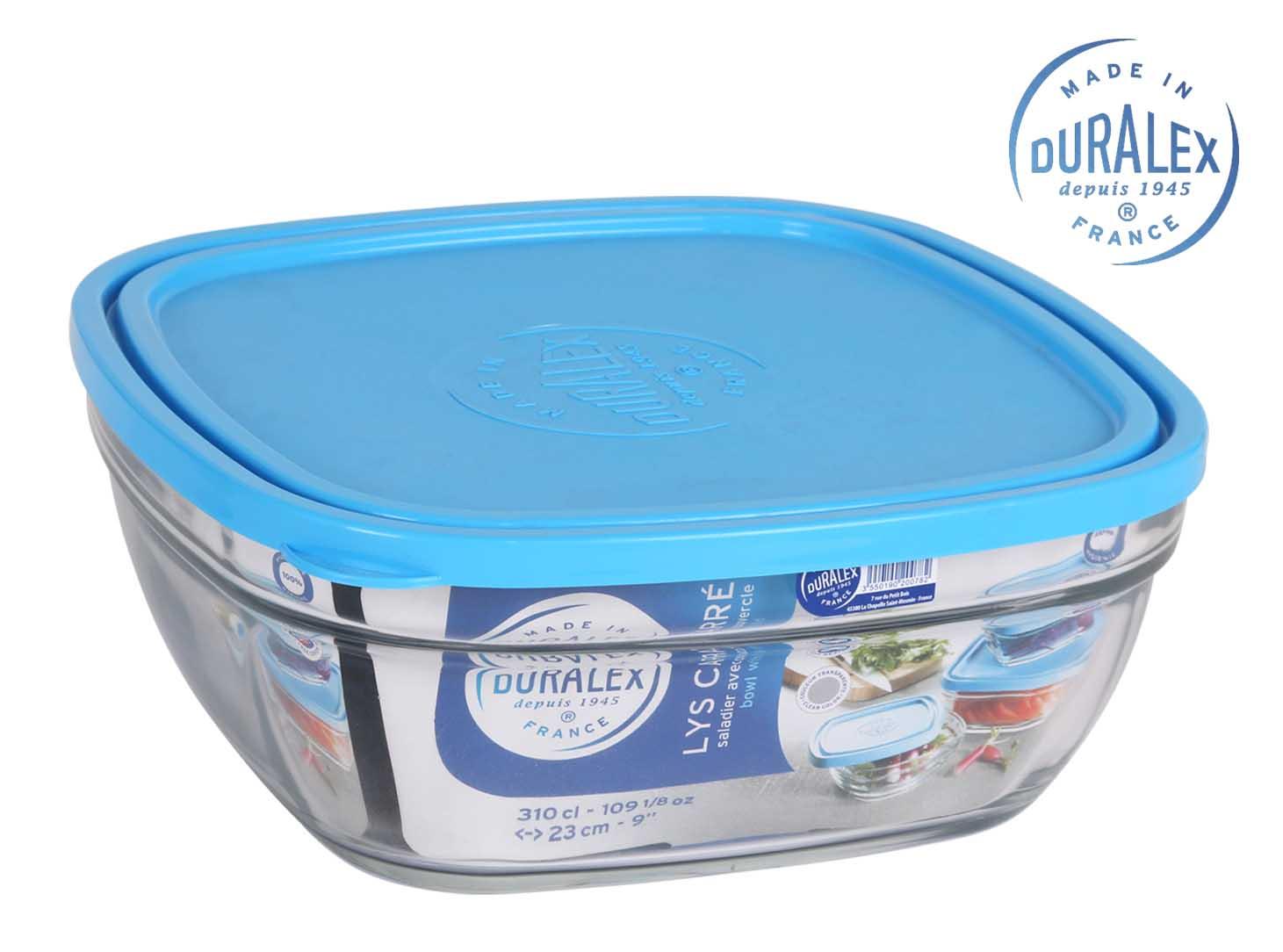 Duralex Fiambrera cuadrada 23x23x9 cm, tapa azul, 3000cc, Freshbox (4 Unidades)