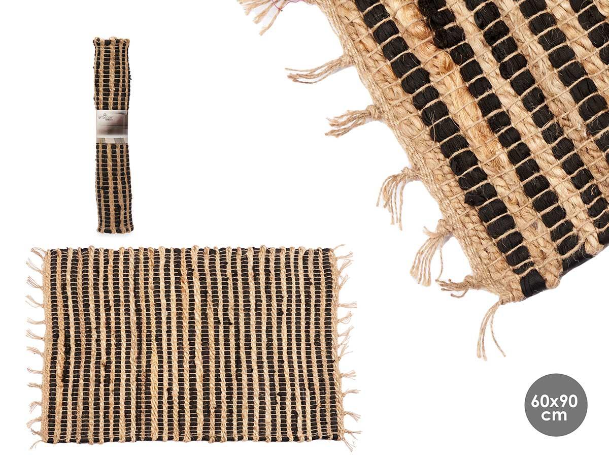 Giftdecor Alfombra Natural Negro con Doble Rayas, 60x90 cm, Yute y Algodón (12 Unidades)