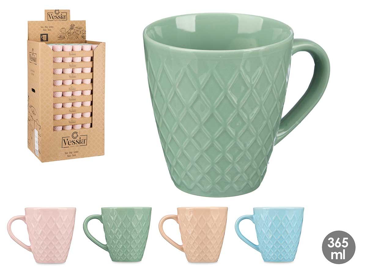 Vessia Taza Cerámica Diamante 9 cm Colores Pastel Surtidos 365 ml - Azul, Marrón, Rosa, Verde (240 Unidades)