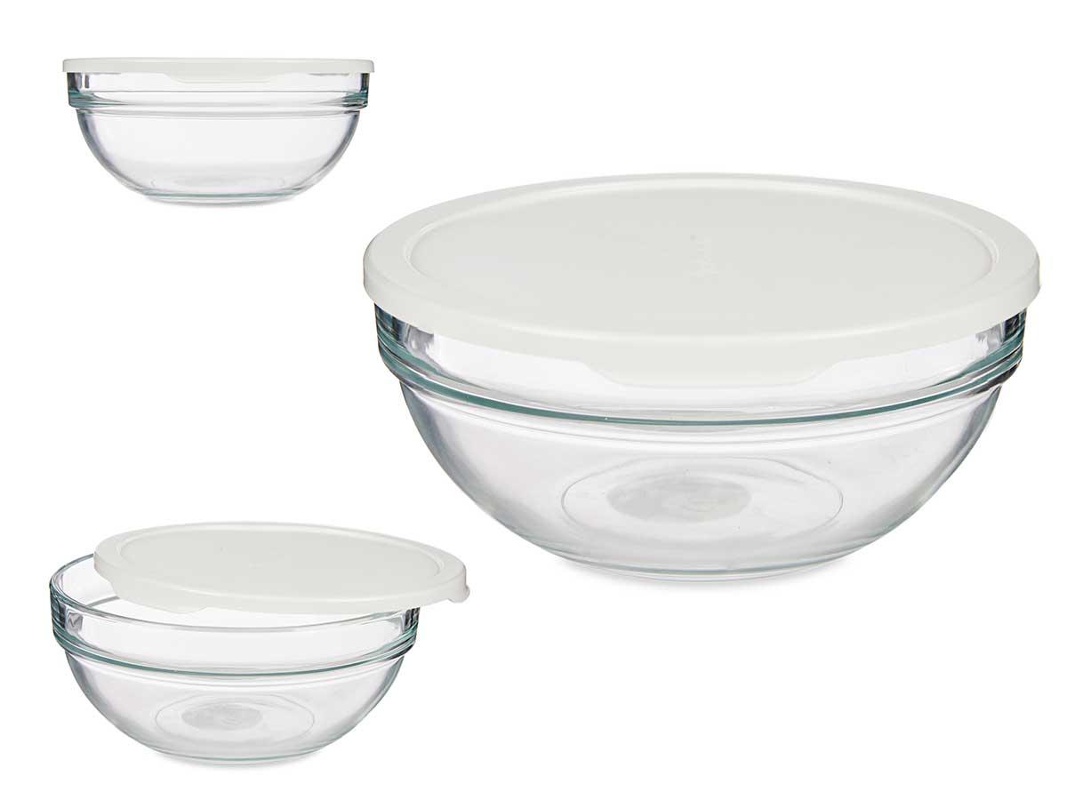 Pasabahce Fiambrera Redonda Chefs con Tapa Blanca 1135 ml, Vidrio y Plástico, 17.2x7.6x17.2 cm (4 Unidades)