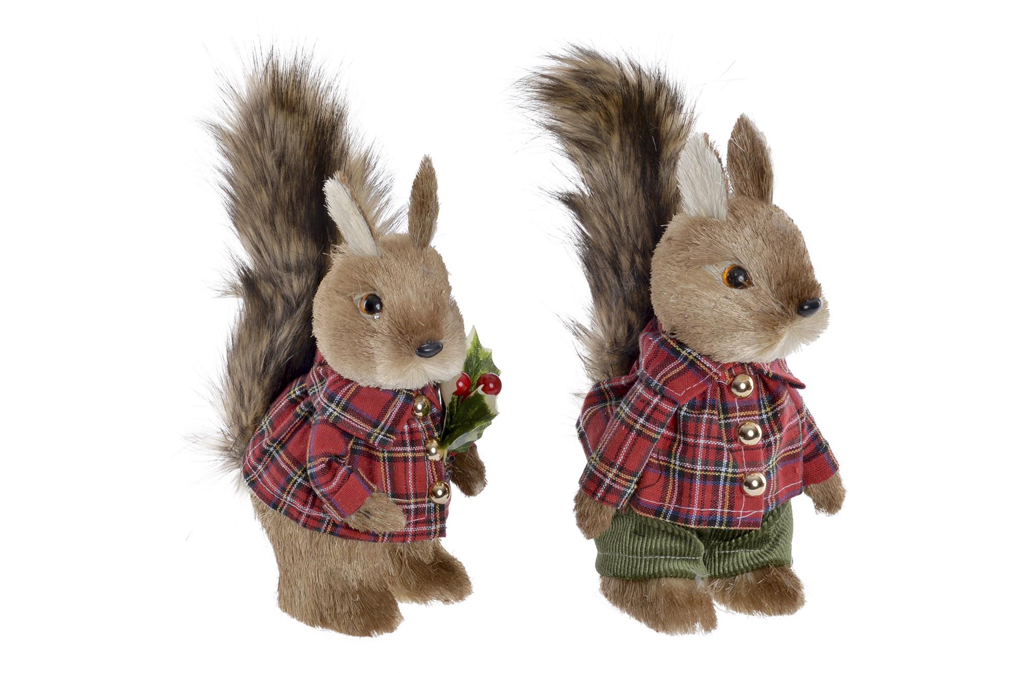 DKD Home Decor Figura de Navidad Tradicional Ardilla con Chaqueta, de Poliester, Surtido de Colores Verde, Rojo o Marrón, 15x12x25cm, 2 Unidades