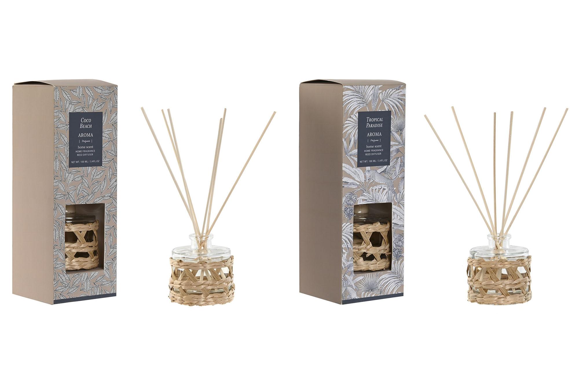 DKD Home Decor Ambientador Mikado Coco Tropical de Cristal y Fibra 100ml – Pack 6 Unidades Verde Blanco 8x10x8cm