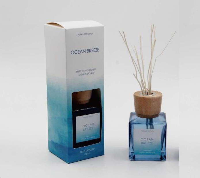 DKD Home Decor Ambientador Mikado Colección Mediterráneo 100 ml, Botella de Cristal y Varillas de Ratán, Color Azul, 9.5 cm de Alto