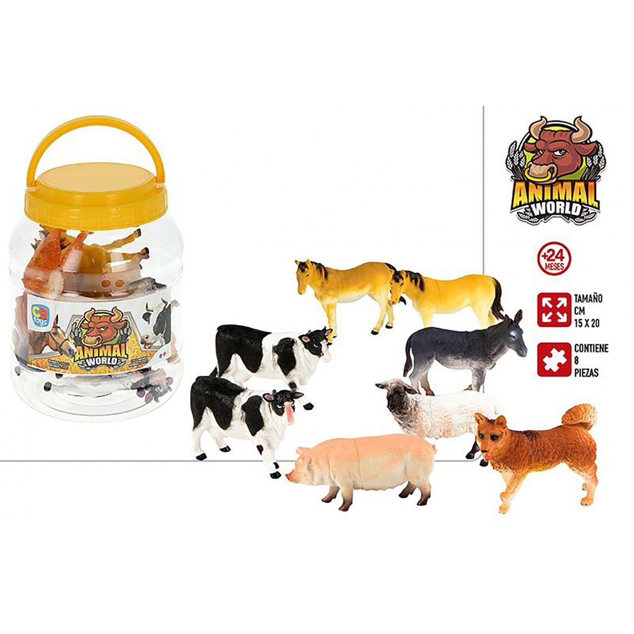 Animales Bote con 8 Accesorios Infantiles, Figuras de Animales Granja. Juguetes para niños 15x20 cm