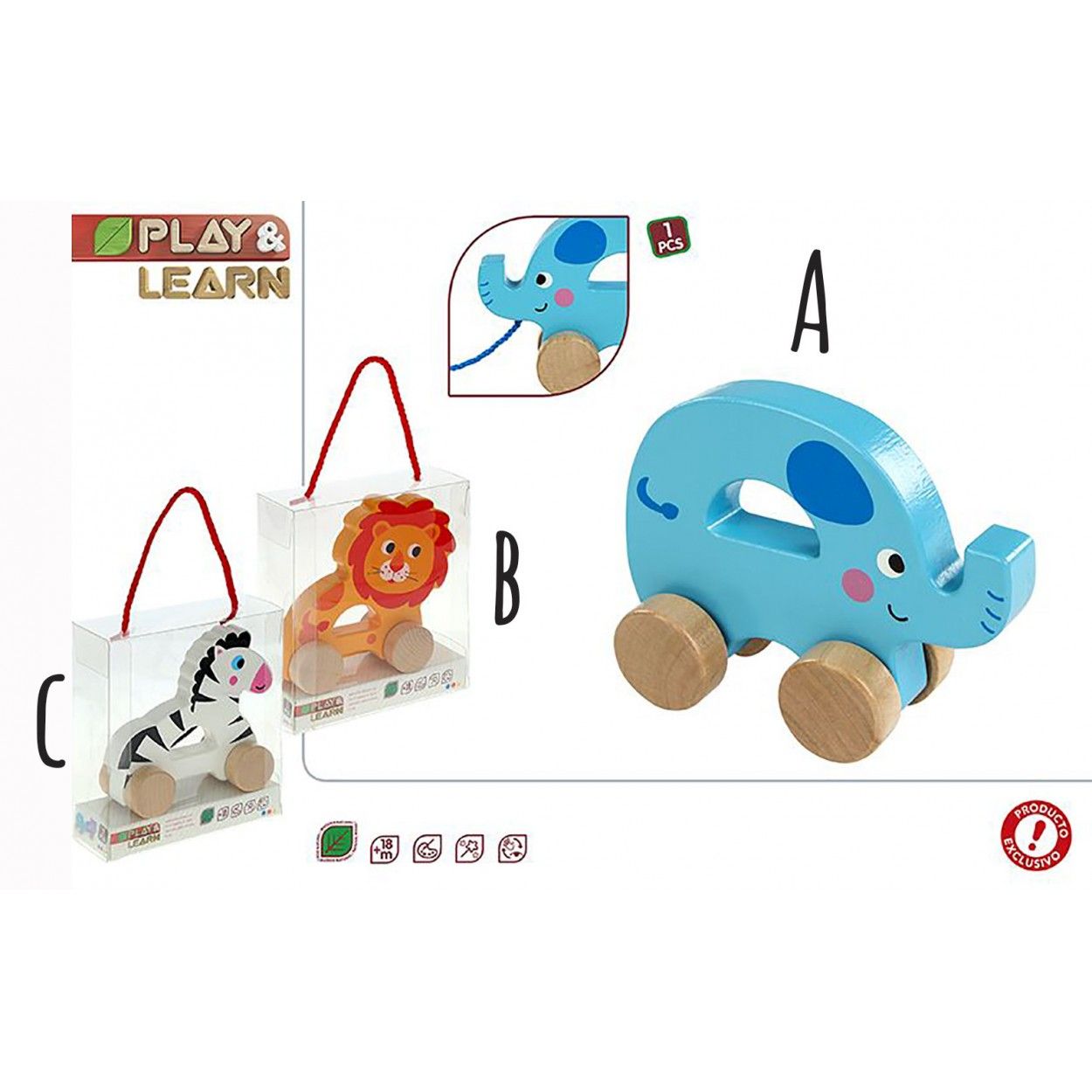 Arrastre Animalito de Madera, Juguetes infantiles para Bebés. Juego de Arrastre 155 x 60 x 175 mm