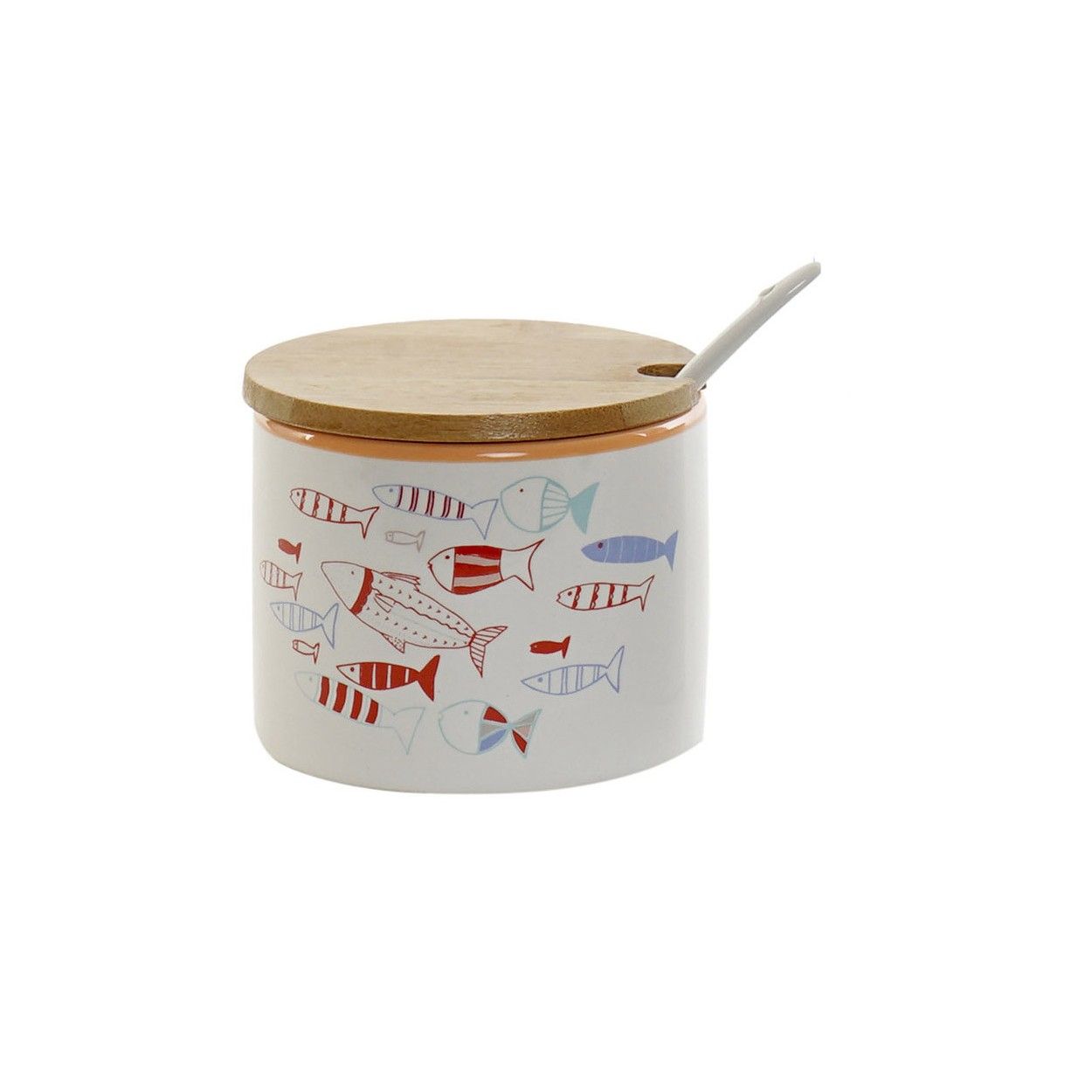 Azucarero con Cuchara y Tapa de Bambú y Gres, 4 Modelos. Diseño Original de Peces con Estilo Moderno 11X9X9 cm